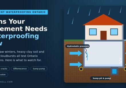 Basement waterproofing Ontario: house cross-section showing hydrostatic pressure, foundation crack and sump pit