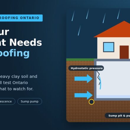 Basement waterproofing Ontario: house cross-section showing hydrostatic pressure, foundation crack and sump pit
