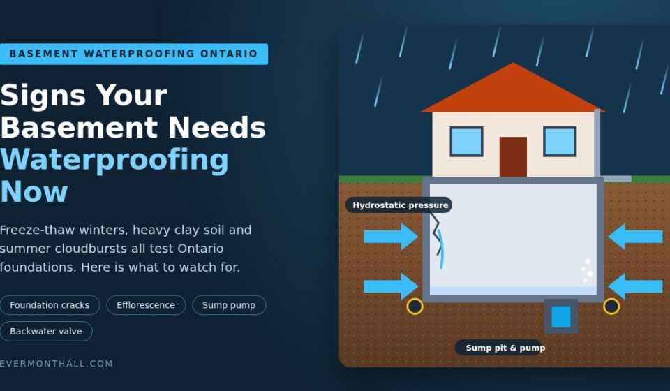 Basement waterproofing Ontario: house cross-section showing hydrostatic pressure, foundation crack and sump pit