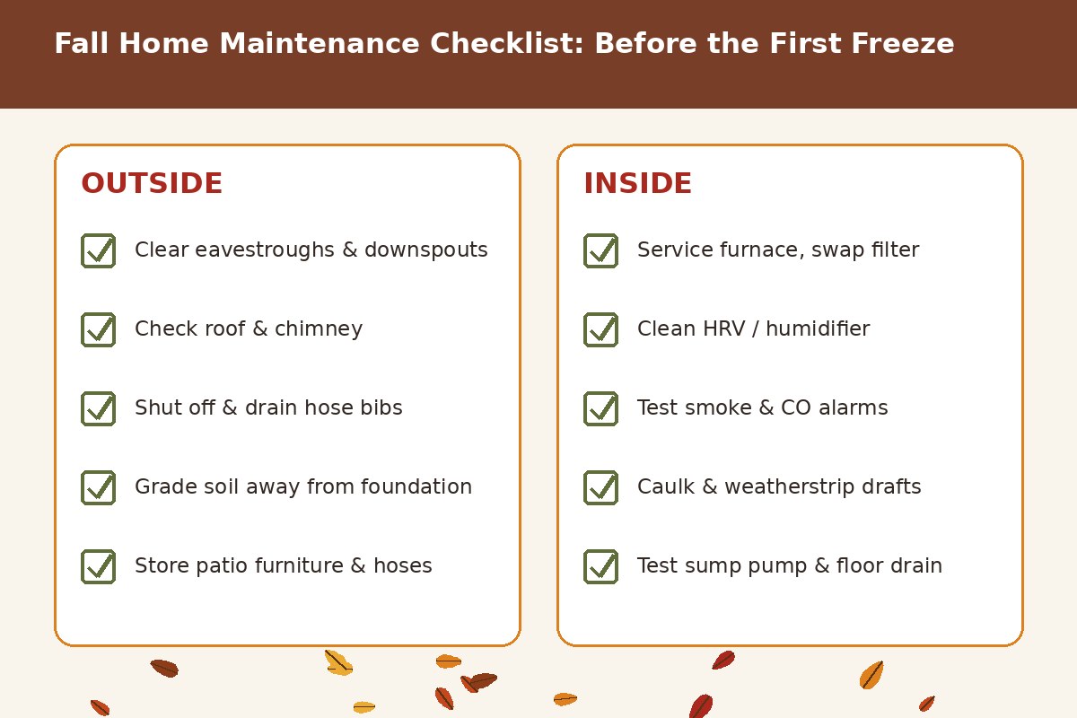 Fall home maintenance checklist infographic for inside and outside the home